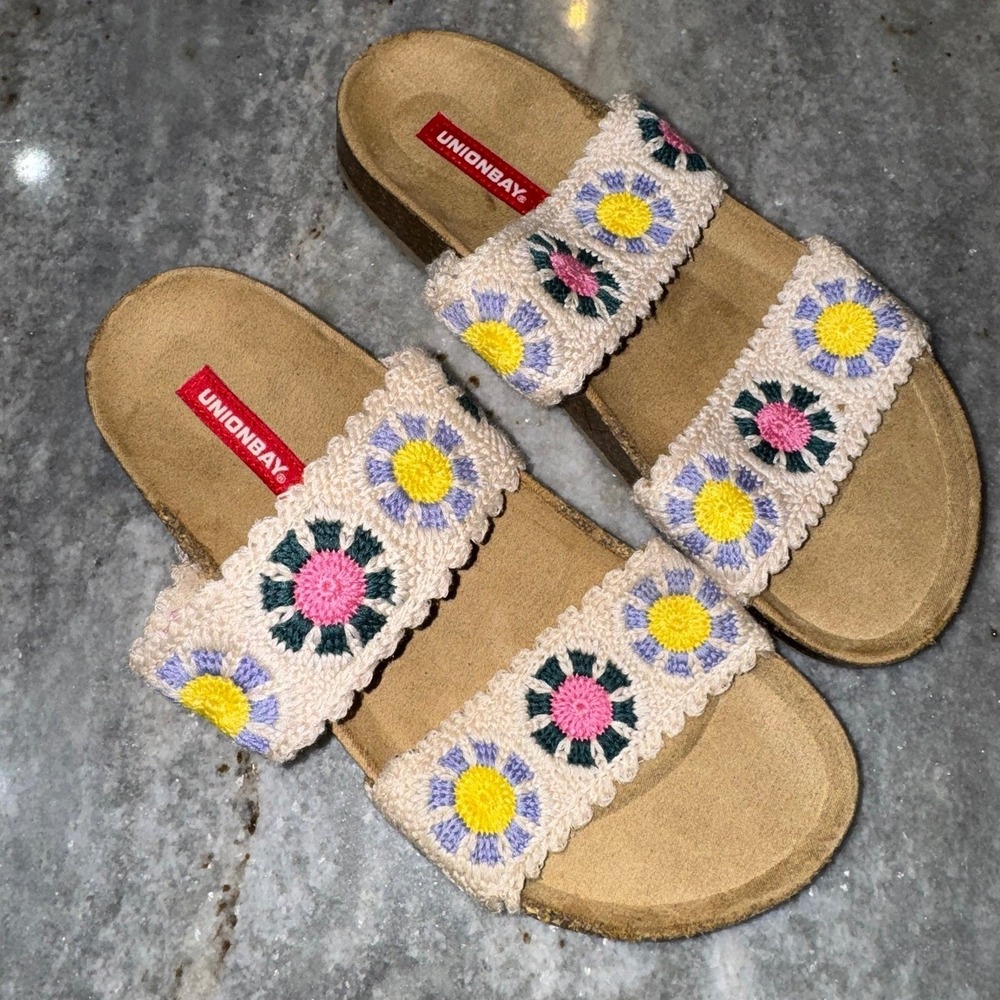 UnionBay Monica Sandal Slides 6.5 Women's Crochet Double Strap Slides Beach Boho